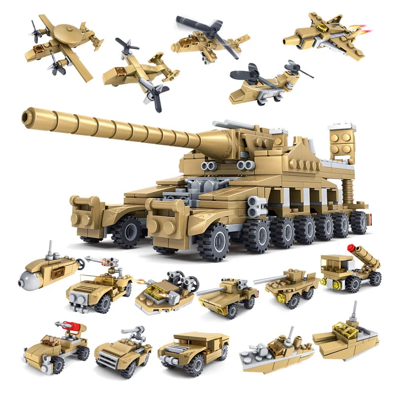 HUIQIBAO 544PCS 16in1 Military Tank Building Blocks Super Vehicle Plane Truck Car Ship Army Bricks Educational Toys For Children