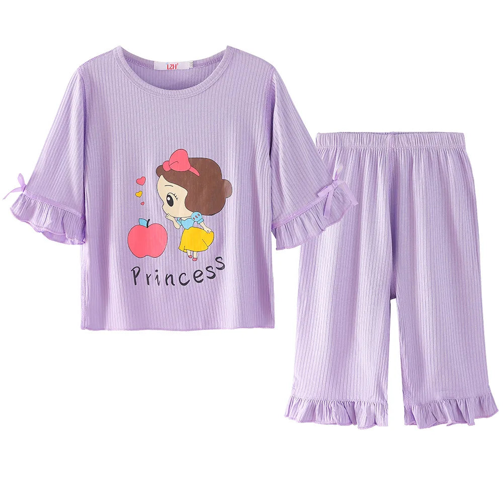 Cartoon Girl Clothing Sets Modal Casual Homewear Princess Mermaid Printing Toddler Outfits Summer Daily Children Costume 12 Yrs