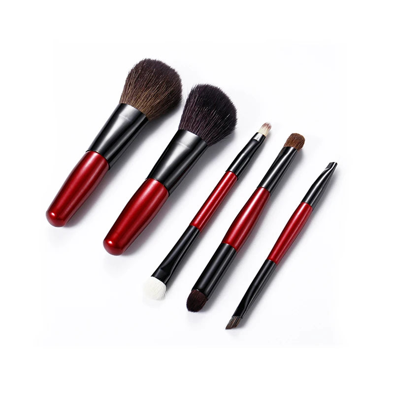 5pcs Makeup Travel Size Brush Red Short Handle Make Up Brush Kit Powder Blush Brush Set