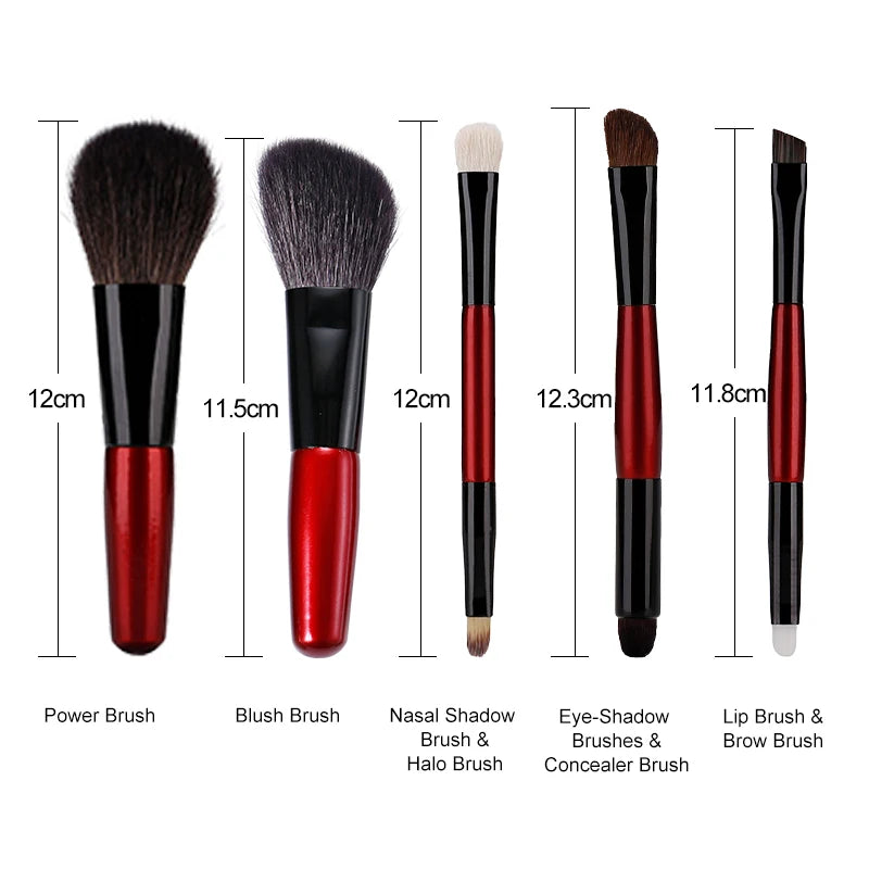 5pcs Makeup Travel Size Brush Red Short Handle Make Up Brush Kit Powder Blush Brush Set