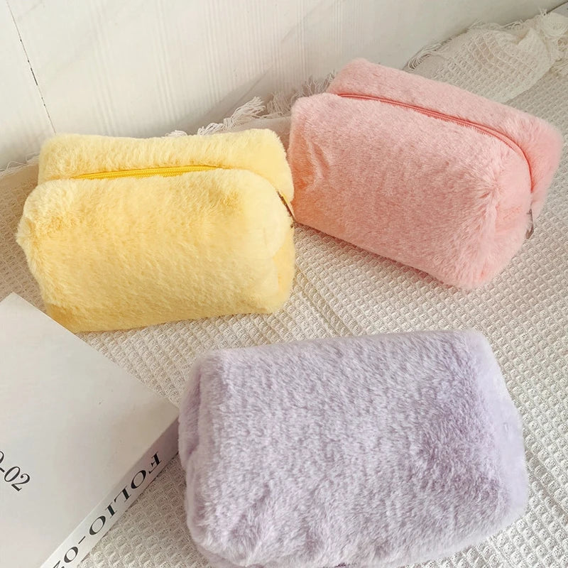 Solid Color Cosmetic Bag for Women Cute Plush Makeup Bag Zipper Travel Make Up Toiletry Bag Washing Pouch Plush Pencil Pouch