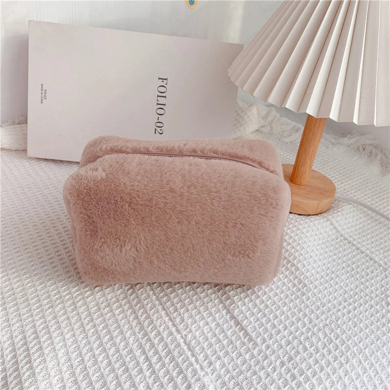 Solid Color Cosmetic Bag for Women Cute Plush Makeup Bag Zipper Travel Make Up Toiletry Bag Washing Pouch Plush Pencil Pouch