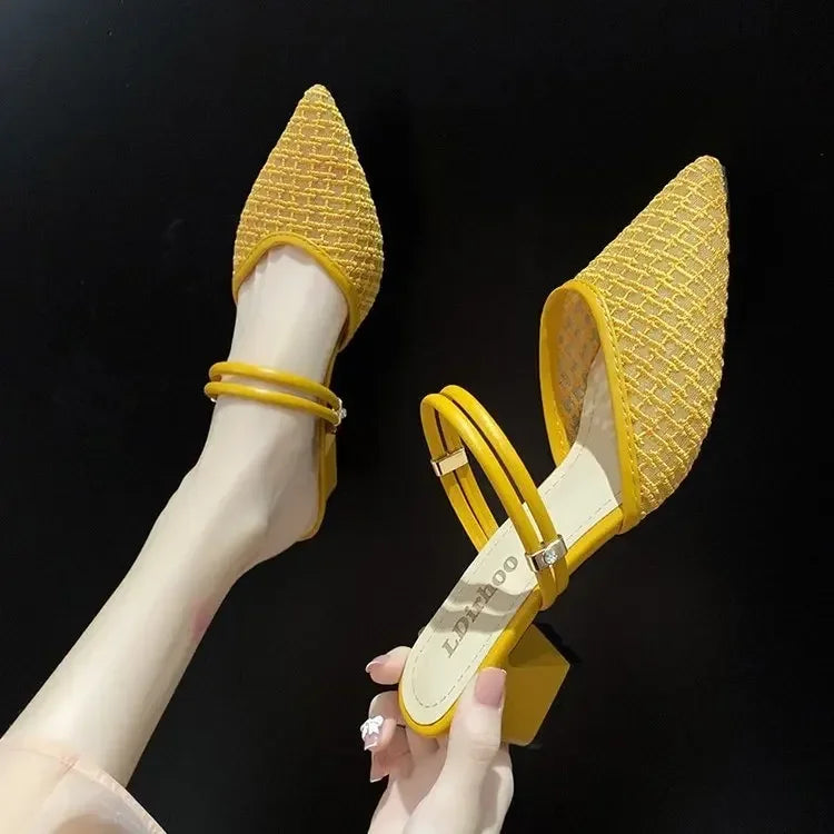 2024 Summer Sexy Pointed Toes Sandals Thin Strap Mulles Ladies Fashion Elegant Square Heels Slippers for Women Shoe White Yellow