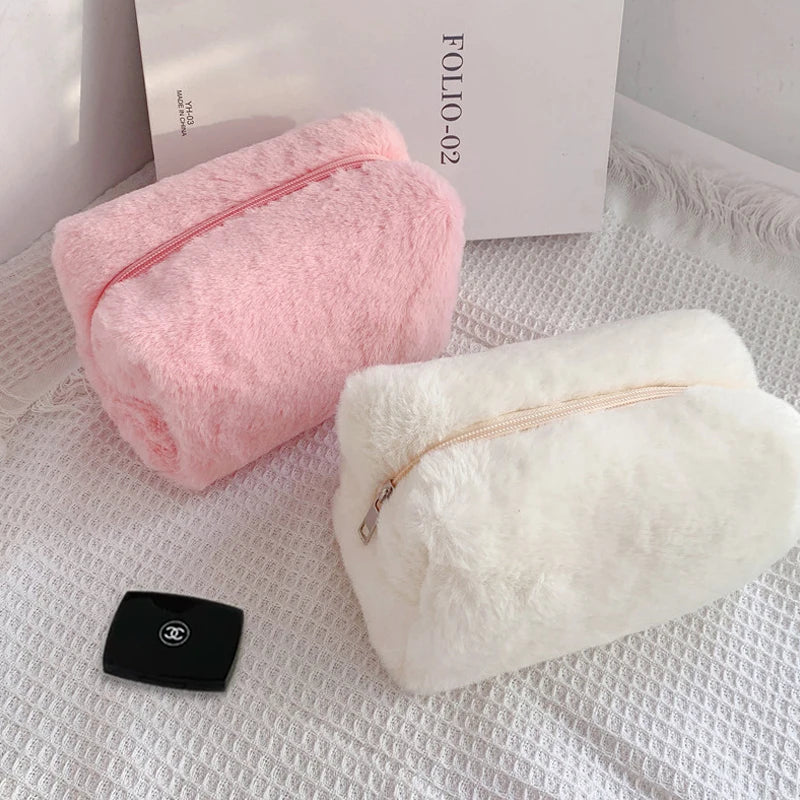 Solid Color Cosmetic Bag for Women Cute Plush Makeup Bag Zipper Travel Make Up Toiletry Bag Washing Pouch Plush Pencil Pouch