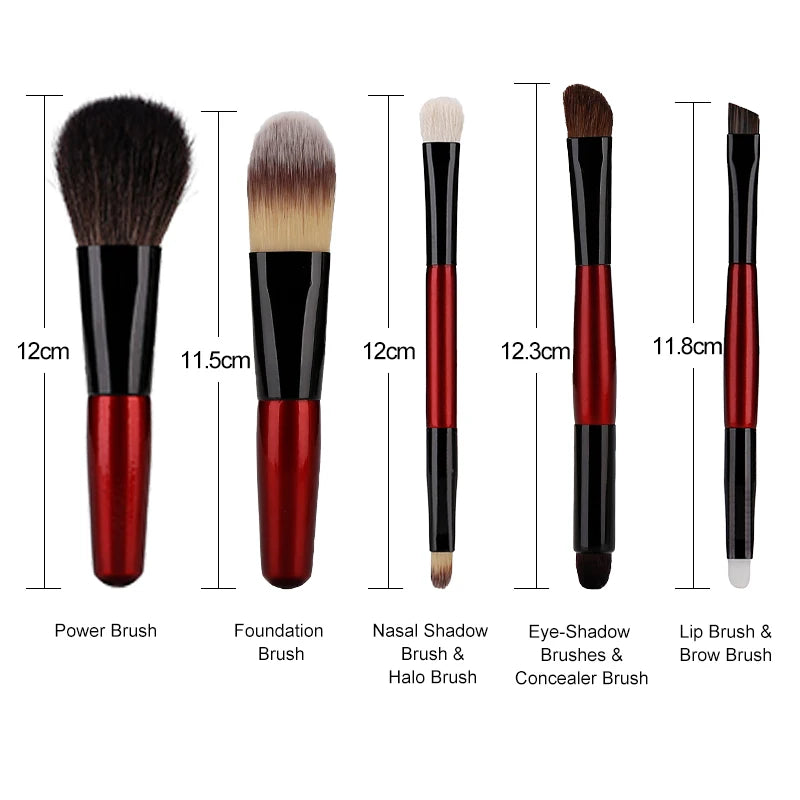 5pcs Makeup Travel Size Brush Red Short Handle Make Up Brush Kit Powder Blush Brush Set