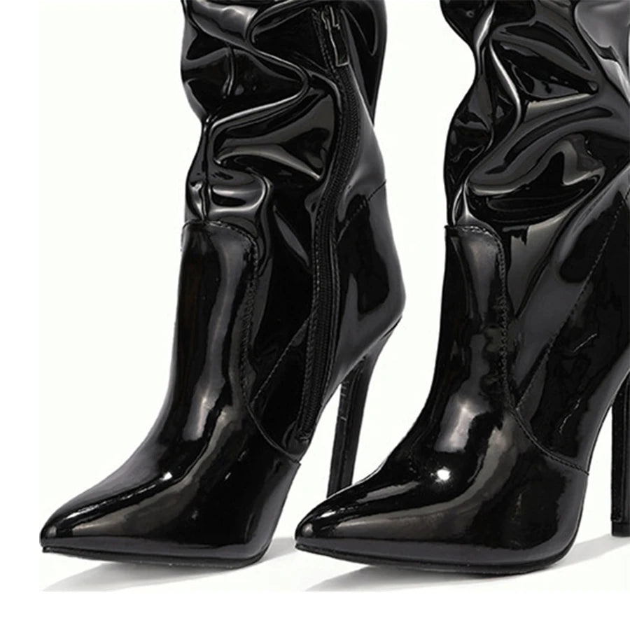 Women Patent Leather Elastic Over The Knee Boots New Female Pointy Thigh High Boots Sexy Slim Black High Heels Party Shoes 35-42