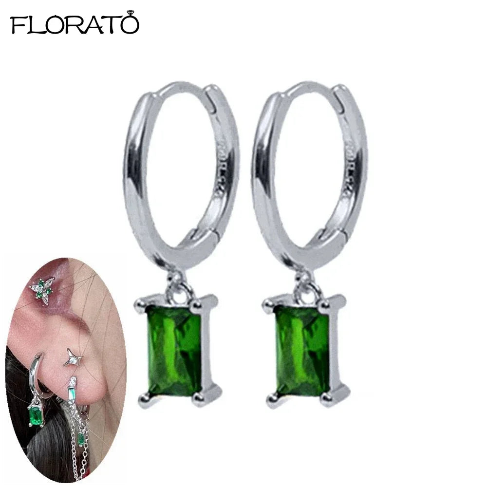 925 Sterling Silver Needle Luxury Green Earrings Trend Small Hoop Earrings for Women Fashion Puncture Jewelry Ear Accessories