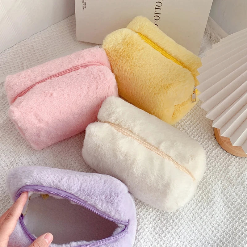 Solid Color Cosmetic Bag for Women Cute Plush Makeup Bag Zipper Travel Make Up Toiletry Bag Washing Pouch Plush Pencil Pouch