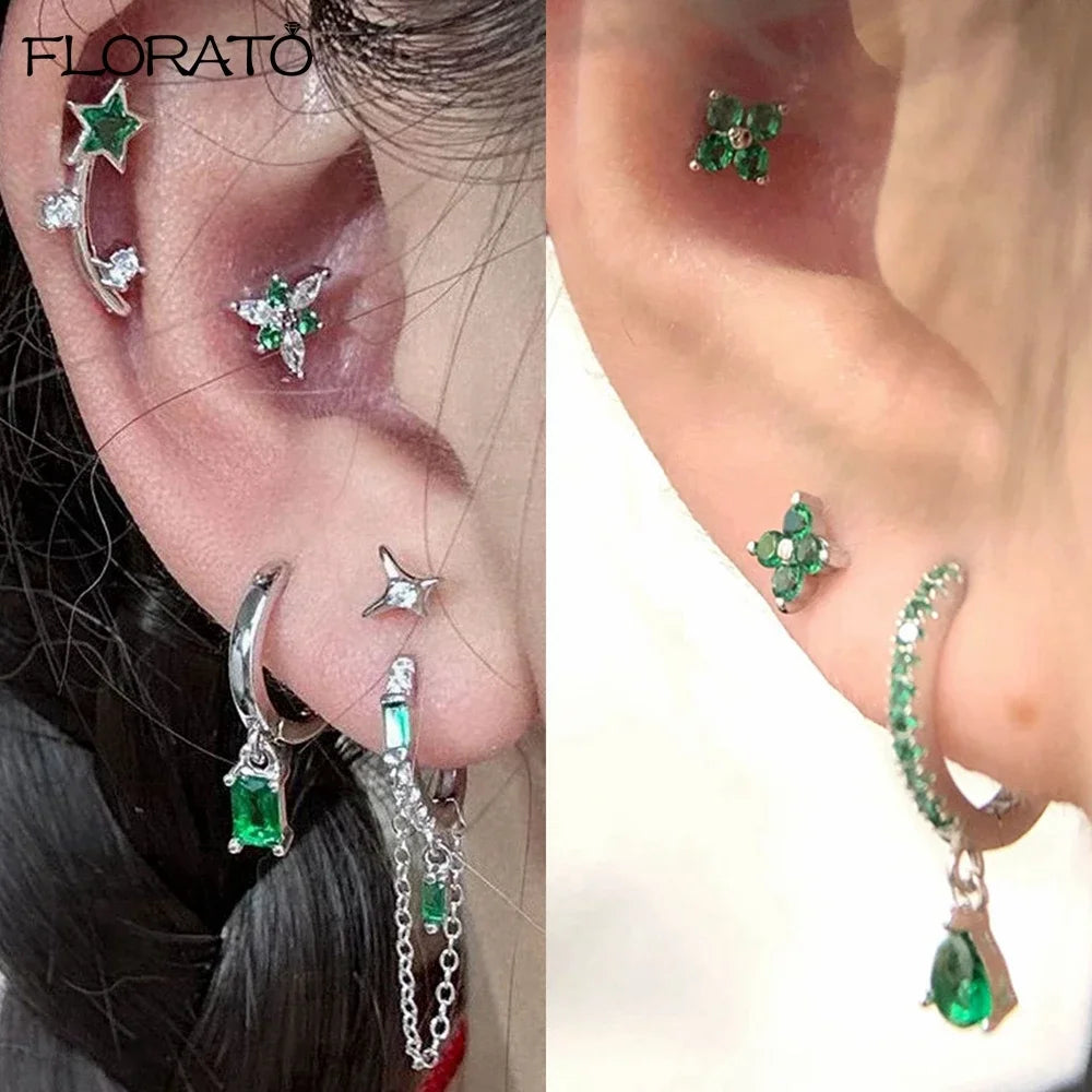 925 Sterling Silver Needle Luxury Green Earrings Trend Small Hoop Earrings for Women Fashion Puncture Jewelry Ear Accessories