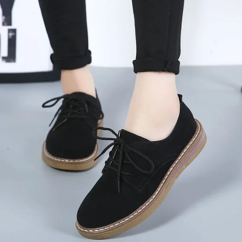 2024 Winter Women Sneakers Oxford Shoes  Flats Shoes Women Leather Suede Lace Up Boat Shoes Round Toe Flats Moccasins