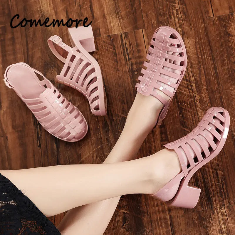 Comemore High Heels Women's Pvc Sandals for Summer 2023 Women Shoes Block Medium Heel Casual Plastic Sandal Clear Footwear Cheap