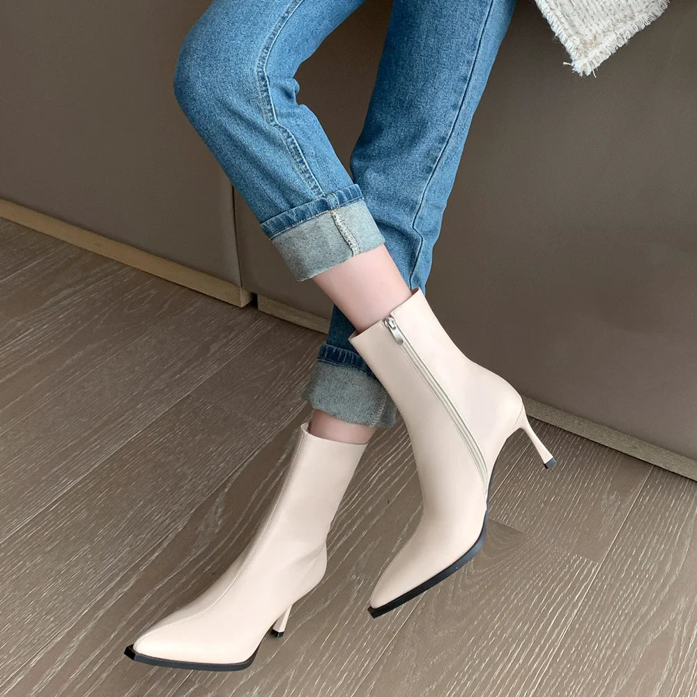 FEDONAS Thin High Heels Women Ankle Boots Pointed Toe Elegant Shoes Woman Autumn Winter Side Zipper Genuine Leather Office Lady