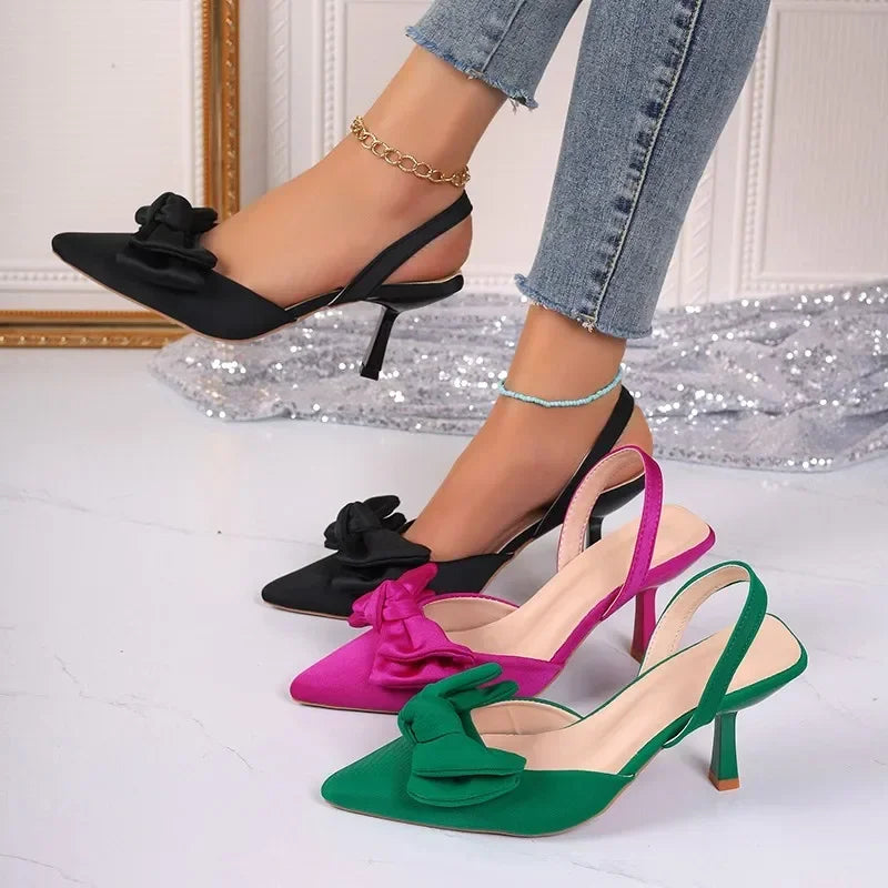 2024 Women's Shoes Summer New Style Bow Women's Slingback High Heels Sexy Dress Stiletto Pointed Toe Women's High Heels Women