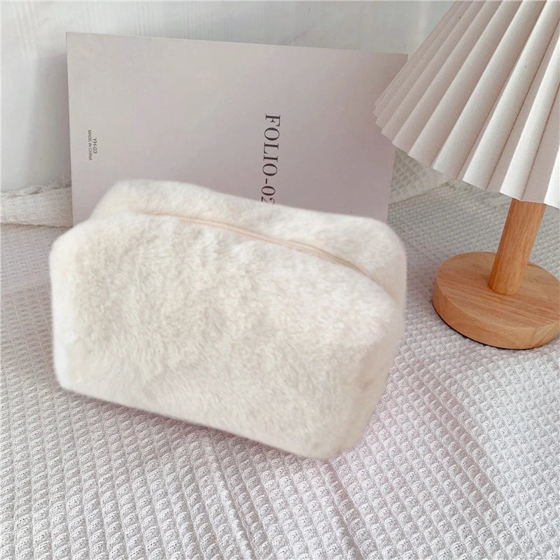 Solid Color Cosmetic Bag for Women Cute Plush Makeup Bag Zipper Travel Make Up Toiletry Bag Washing Pouch Plush Pencil Pouch