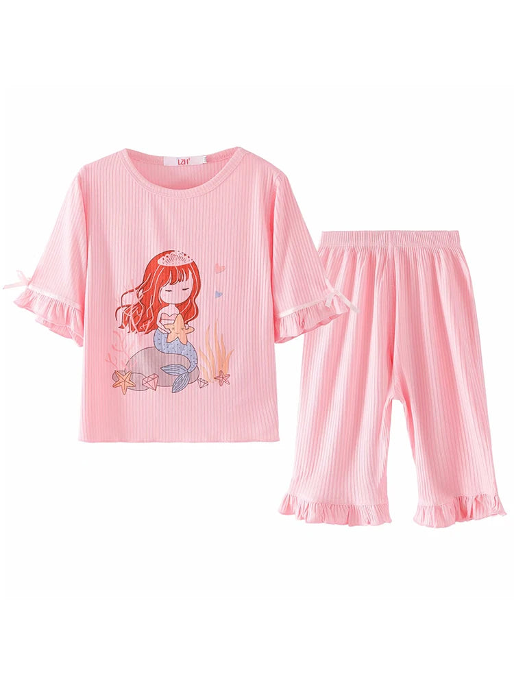 Cartoon Girl Clothing Sets Modal Casual Homewear Princess Mermaid Printing Toddler Outfits Summer Daily Children Costume 12 Yrs