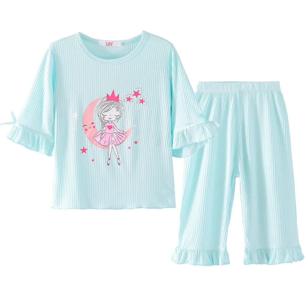 Cartoon Girl Clothing Sets Modal Casual Homewear Princess Mermaid Printing Toddler Outfits Summer Daily Children Costume 12 Yrs