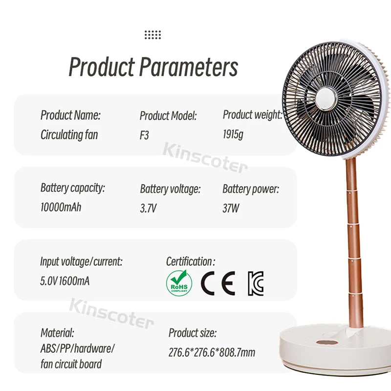 Auto Oscillation Home Floor Fan Electric Wireless Circulator Portable Cordless 10000mah Foldable Ventilator With Remote Control