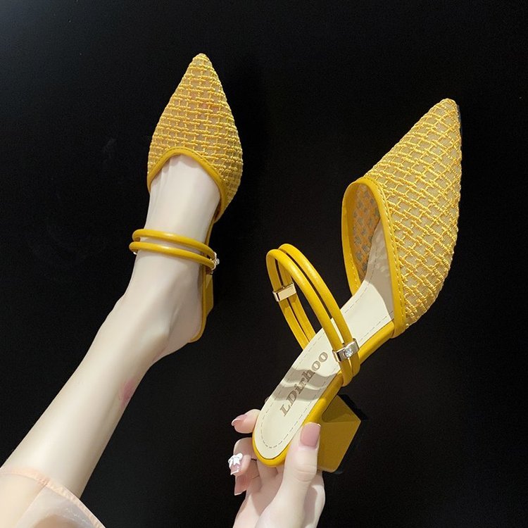 2024 Summer Sexy Pointed Toes Sandals Thin Strap Mulles Ladies Fashion Elegant Square Heels Slippers for Women Shoe White Yellow