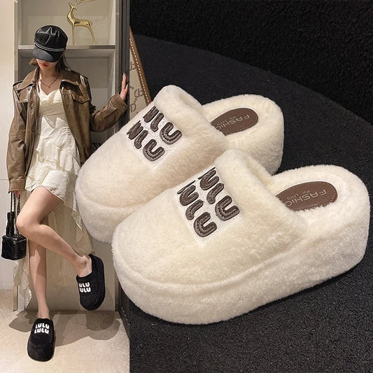 Thick Sole Plush Keep Warm Slippers Women Toe Wrap Fashion Designer High Heels Women's Outdoor Slippers 2024 Winter New Style