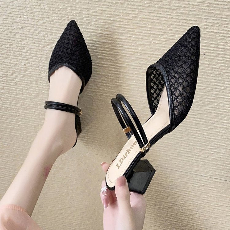 2024 Summer Sexy Pointed Toes Sandals Thin Strap Mulles Ladies Fashion Elegant Square Heels Slippers for Women Shoe White Yellow