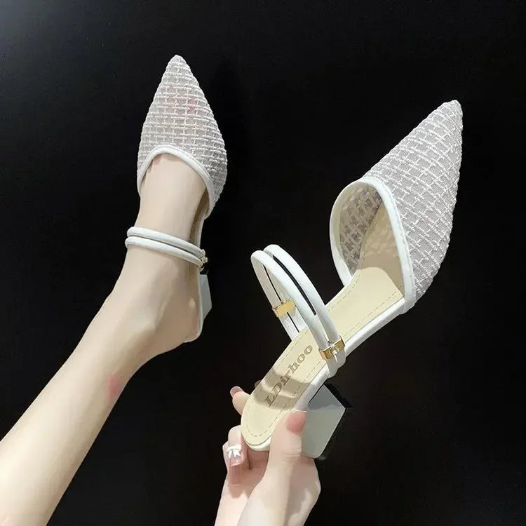 2024 Summer Sexy Pointed Toes Sandals Thin Strap Mulles Ladies Fashion Elegant Square Heels Slippers for Women Shoe White Yellow