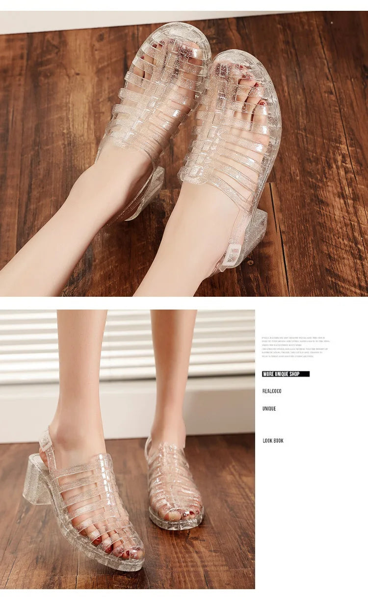 Comemore High Heels Women's Pvc Sandals for Summer 2023 Women Shoes Block Medium Heel Casual Plastic Sandal Clear Footwear Cheap