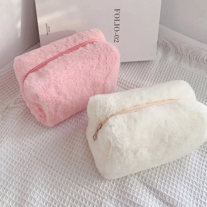 Solid Color Cosmetic Bag for Women Cute Plush Makeup Bag Zipper Travel Make Up Toiletry Bag Washing Pouch Plush Pencil Pouch