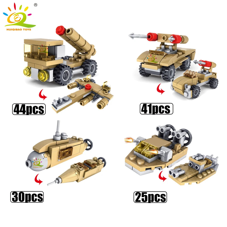 HUIQIBAO 544PCS 16in1 Military Tank Building Blocks Super Vehicle Plane Truck Car Ship Army Bricks Educational Toys For Children