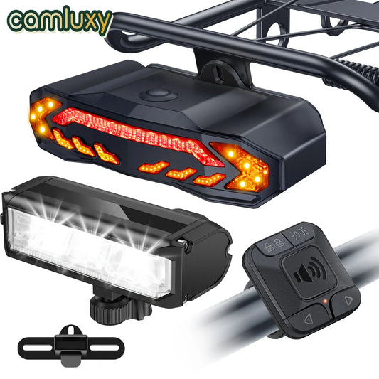 Camluxy Rechargeable Bike Light Front and Rear Set for Night Riding Ultra Bright Bicycle Headlight Turn Signals with Bike Alarm