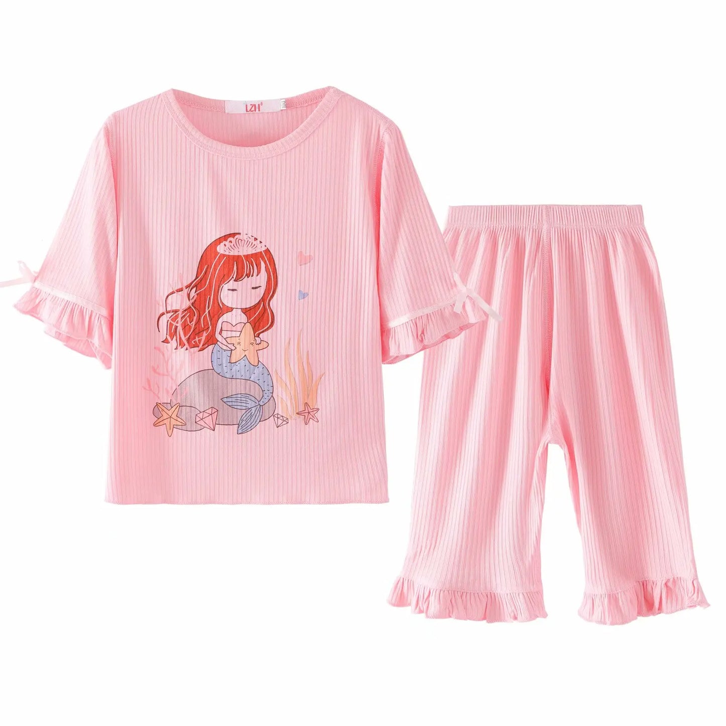 Cartoon Girl Clothing Sets Modal Casual Homewear Princess Mermaid Printing Toddler Outfits Summer Daily Children Costume 12 Yrs