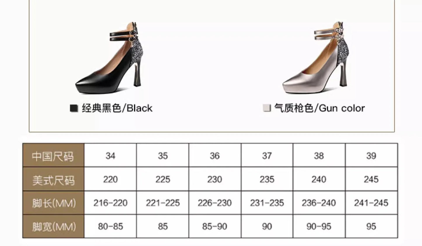 Rhine-diamond single shoes 2024 spring new black leather shoes waterproof platform high heels 10cm large size women shoes 34-43