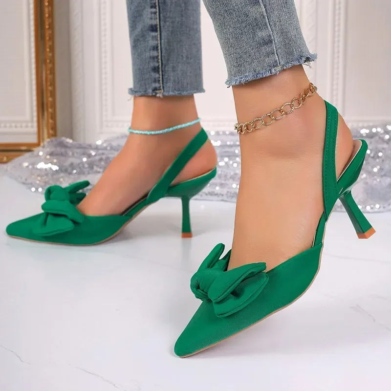 2024 Women's Shoes Summer New Style Bow Women's Slingback High Heels Sexy Dress Stiletto Pointed Toe Women's High Heels Women