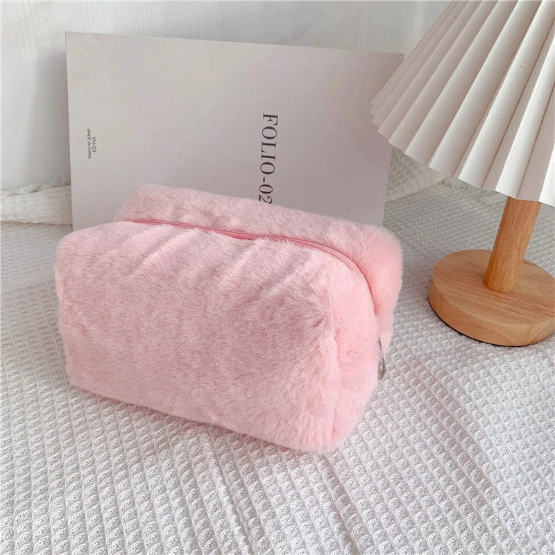 Solid Color Cosmetic Bag for Women Cute Plush Makeup Bag Zipper Travel Make Up Toiletry Bag Washing Pouch Plush Pencil Pouch