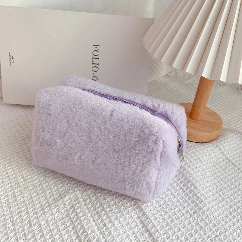 Solid Color Cosmetic Bag for Women Cute Plush Makeup Bag Zipper Travel Make Up Toiletry Bag Washing Pouch Plush Pencil Pouch