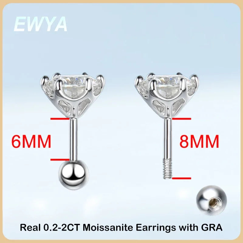 EWYA 925 Sterling Silver 0.2-2ct D VVS1 6 Prong Diamond with GRA Moissanite Screw Stud Earrings For Women Wedding Fine Jewelry