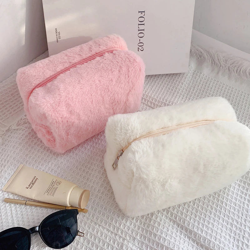 Solid Color Cosmetic Bag for Women Cute Plush Makeup Bag Zipper Travel Make Up Toiletry Bag Washing Pouch Plush Pencil Pouch