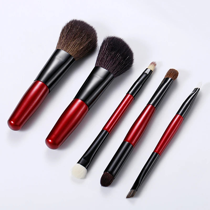 5pcs Makeup Travel Size Brush Red Short Handle Make Up Brush Kit Powder Blush Brush Set