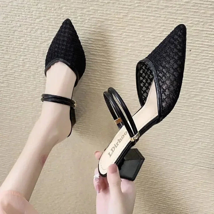 2024 Summer Sexy Pointed Toes Sandals Thin Strap Mulles Ladies Fashion Elegant Square Heels Slippers for Women Shoe White Yellow