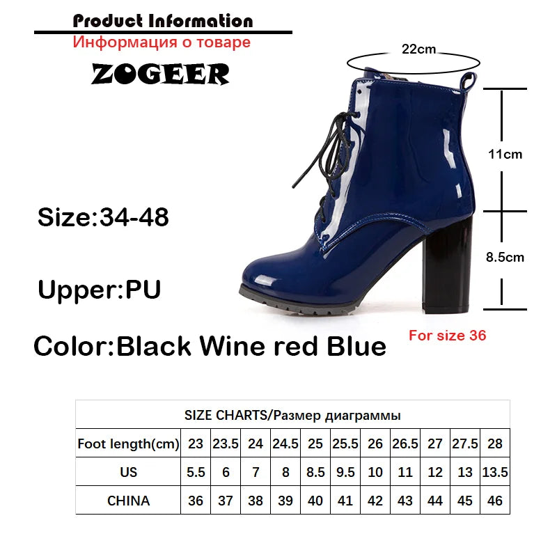 Fashion Ankle Boots For Women Winter Shoes Block High Heels Patent Lace-up Women's Short Boot Blue Red Black Large size 45 46