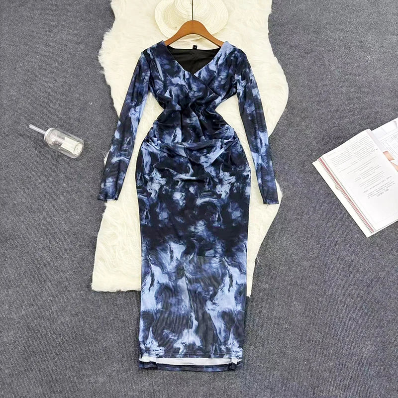 Mesh Print Women Maxi Dress V Neck Full Sleeve Bodycon Trendy Hipsters High Street Party Vintage  Attirewear