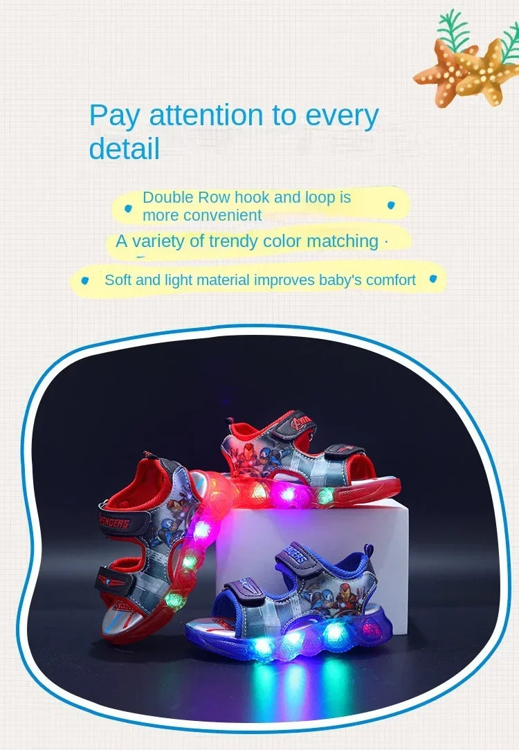 2024 Disney Marvel Boys Girls Spider-Man Princess Led Light Up Luminous Sports Sandals Summer Kids Casual Sandals Toddler Shoes