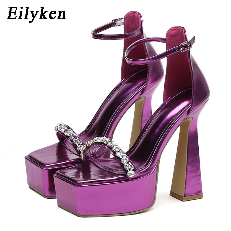 Eilyken CRYSTAL Diamond Platform Open Toe Sandals Women Street Style Party Dress Thick High Heels Ladies Shoes