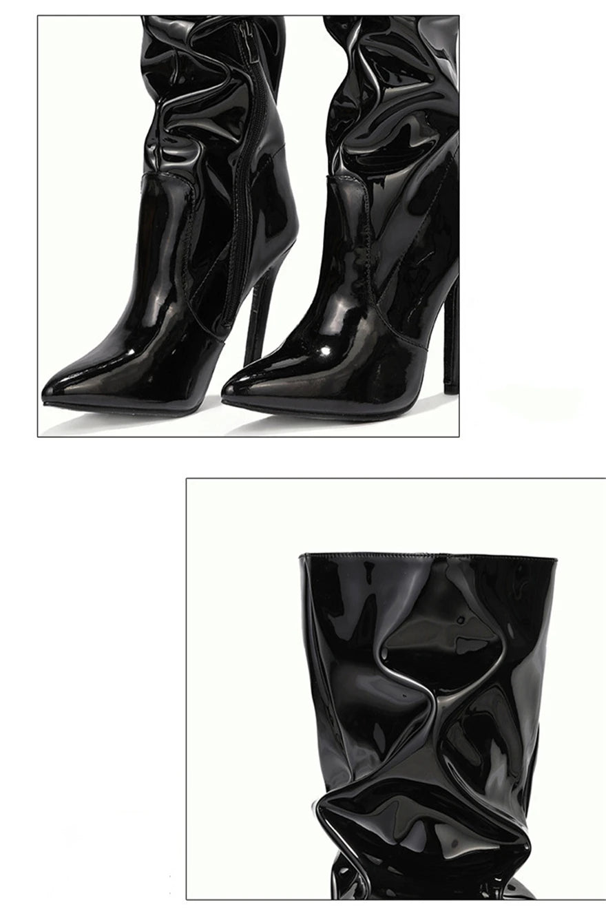 Women Patent Leather Elastic Over The Knee Boots New Female Pointy Thigh High Boots Sexy Slim Black High Heels Party Shoes 35-42