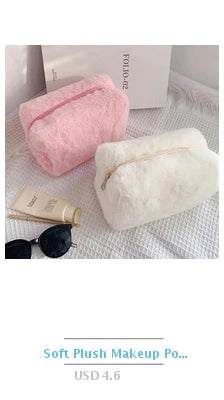 Solid Color Cosmetic Bag for Women Cute Plush Makeup Bag Zipper Travel Make Up Toiletry Bag Washing Pouch Plush Pencil Pouch