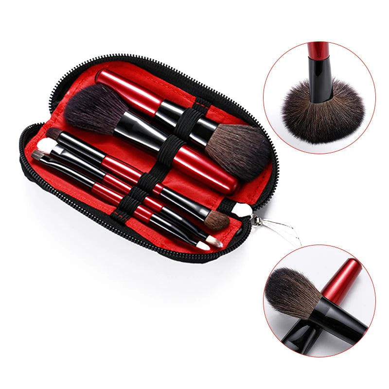 5pcs Makeup Travel Size Brush Red Short Handle Make Up Brush Kit Powder Blush Brush Set