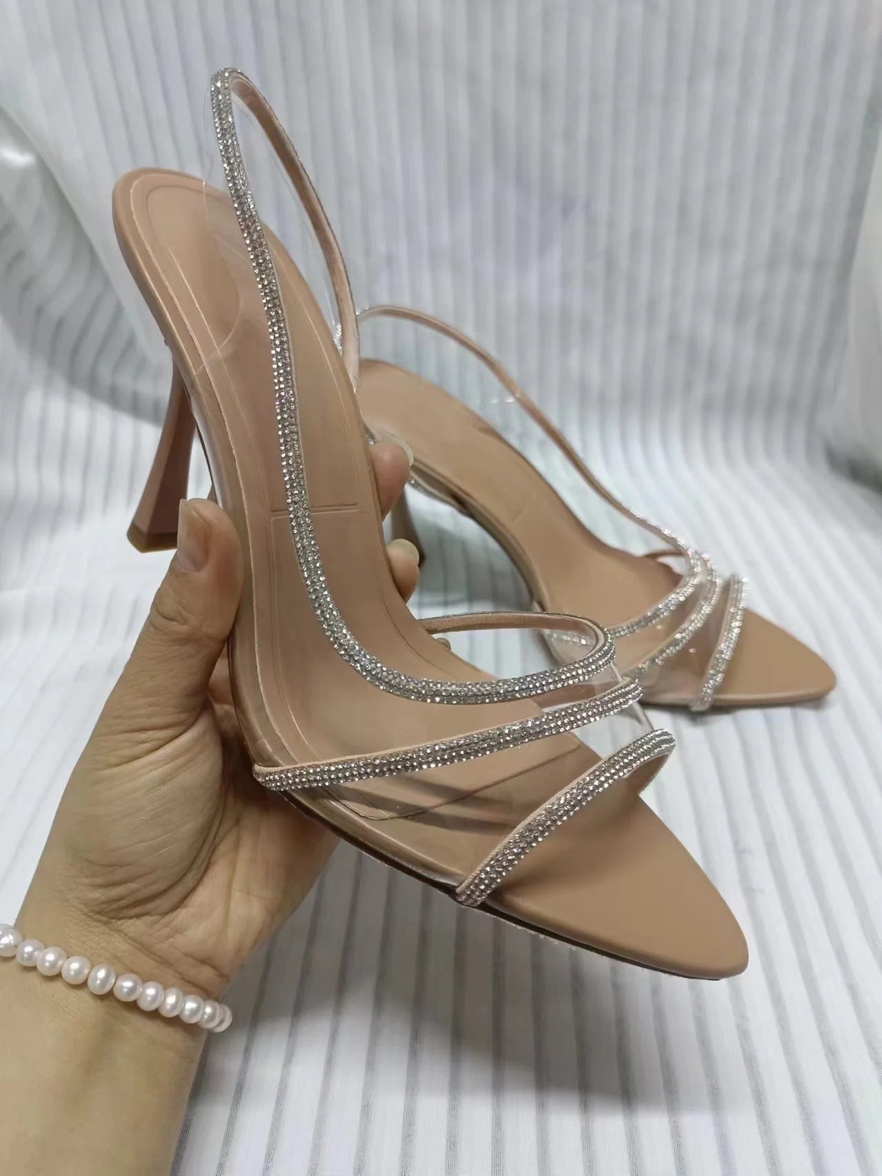 Aneikeh Fashion Women Pumps Sandals Summer Sexy Slingback High Heels Rhinestones Elegant Pointed Toe Transparent PVC Party Shoes