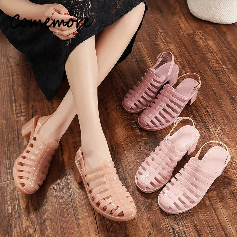 Comemore High Heels Women's Pvc Sandals for Summer 2023 Women Shoes Block Medium Heel Casual Plastic Sandal Clear Footwear Cheap