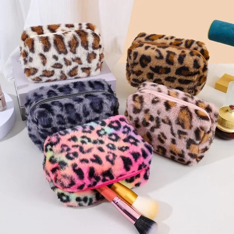 Leopard Fur Makeup Bags Soft Travel Women's Cosmetic Bag Organizer Case Lady Girls Make Up Bags Toiletry Handbags Case Kit